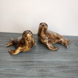 Vintage Arnel’s Ceramic Seal Figurines Brown Glaze Coastal Nautical Home Decor